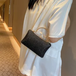 Chic Glitter Sequins Diamond Clutch Handbag Women Metal Top Handle PU Leather Square Rhinestone Messenger Purse Chain Bag Box - Image 2