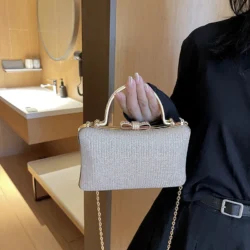 Chic Glitter Sequins Diamond Clutch Handbag Women Metal Top Handle PU Leather Square Rhinestone Messenger Purse Chain Bag Box - Image 3