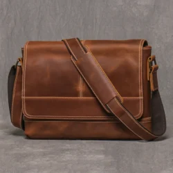 Retro Crazy Horse Leather Men's Shoulder Bag Handmade Men's Messenger Bag Top Layer Cowhide Flap Crossbody Bag